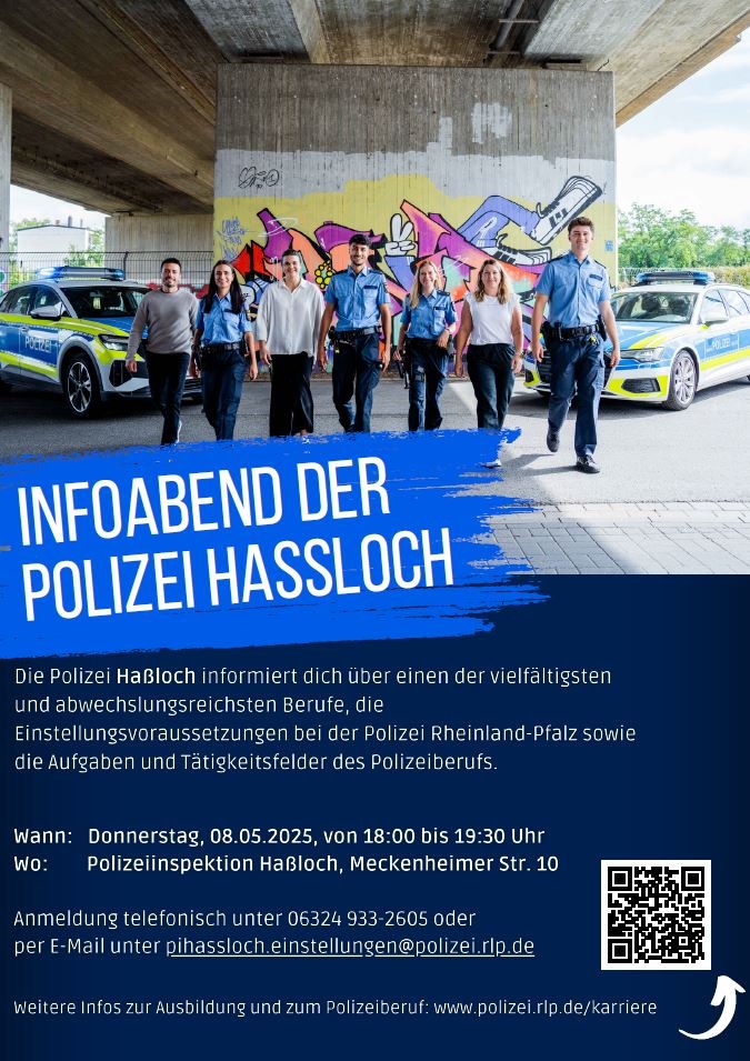 Berufsinfoabend bei der Polizei Haßloch am 08. Mai 2025: Erfahren Sie mehr über Karrierechancen und Auswahltests. Anmeldung erforderlich.