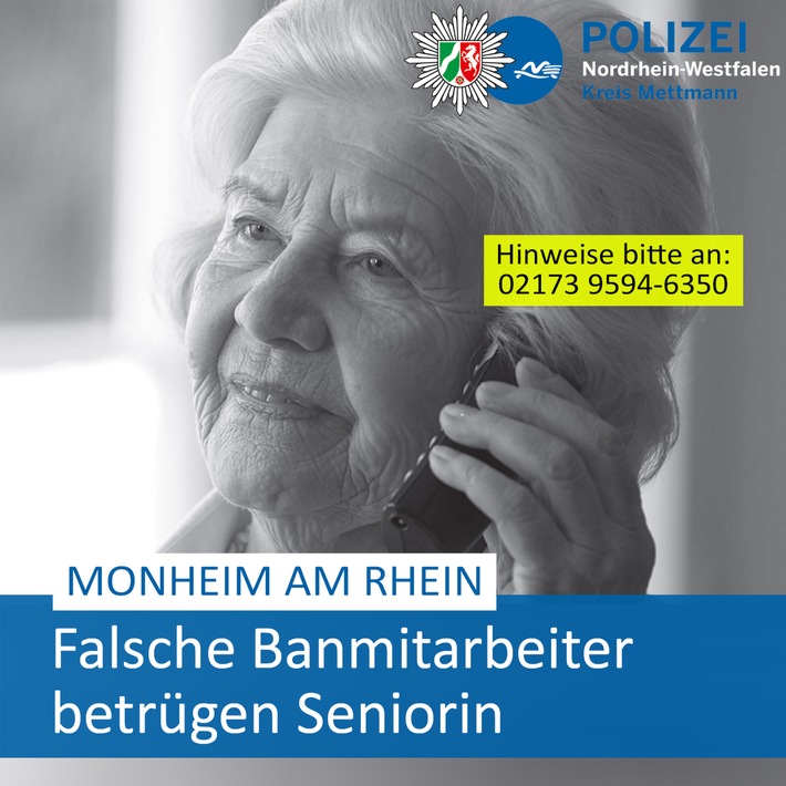 In Monheim am Rhein betrügt ein falscher Bankmitarbeiter eine 78-jährige Seniorin um 3.000 Euro. Polizei warnt vor Betrugsmaschen.
