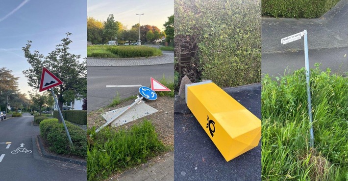 Unbekannte verwüsteten in der Nacht zum 1. Mai einen Kreisverkehr in Sankt Augustin, beschädigten Verkehrsschilder und weitere Objekte.